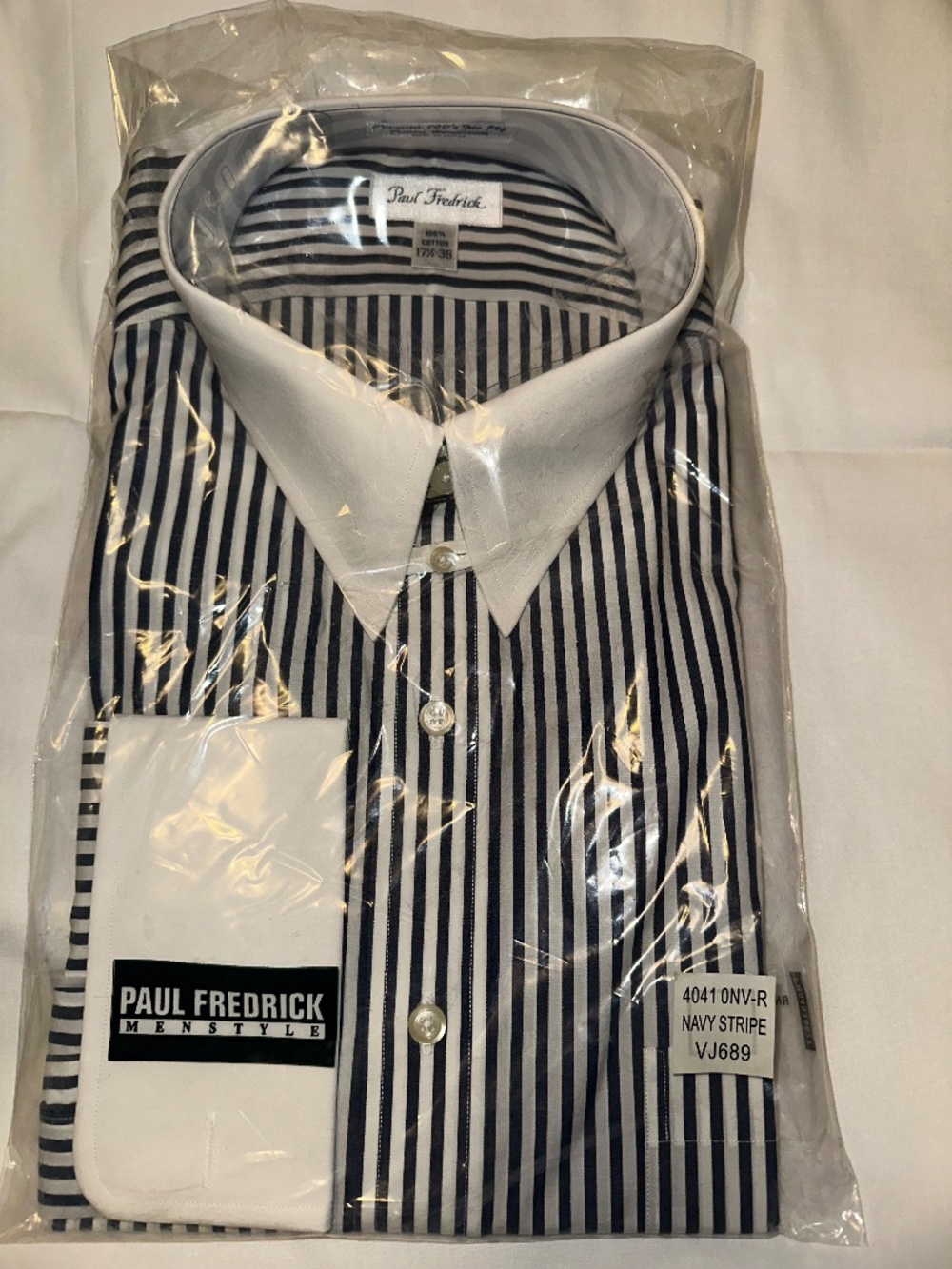 Paul Fredrick; 17 ½-35; navy-white stripes dress shirt